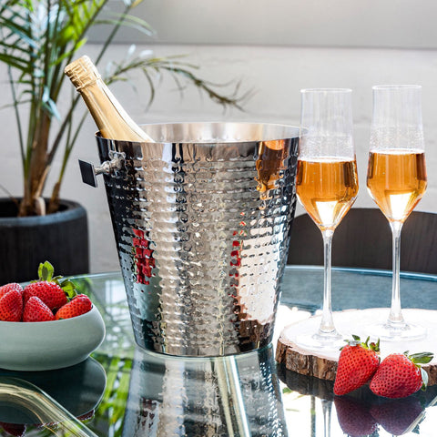 Image of Hammered Wine Chiller Bucket Stainless Steel Beverage Tub with Handles