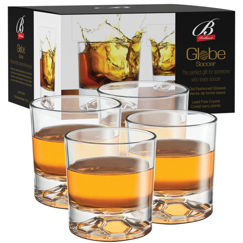 Image of Globe on the Rocks Soccer Shaped Mountain Whiskey Glasses with a Heavy Base, Set of 4, 8.8 Ounces