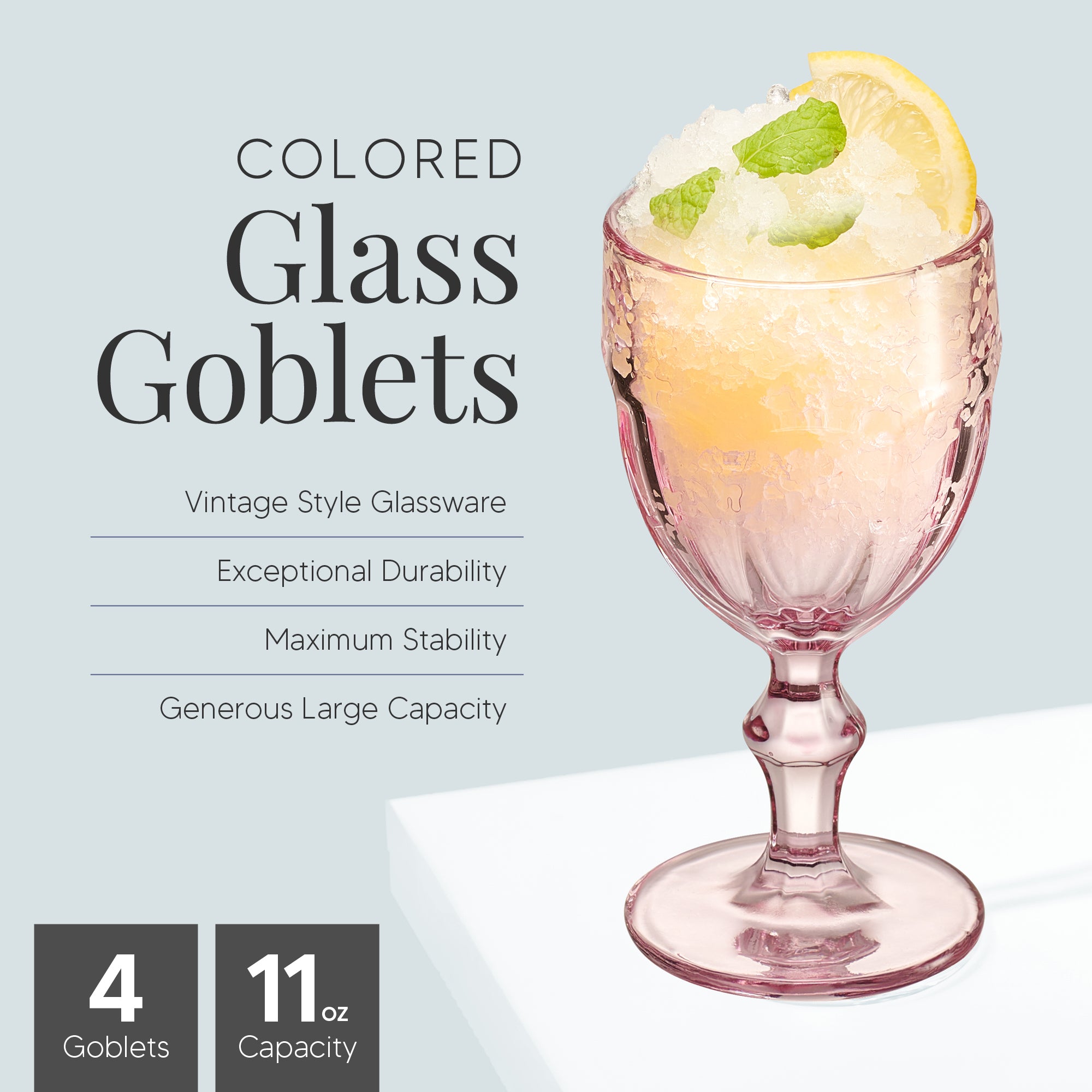 Rambouillet Pink Tinted Water Goblet Glasses 11 oz, Set of 4