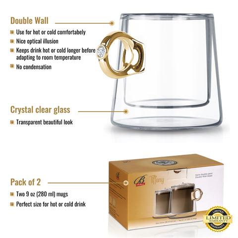 Image of Double Wall Tiffany Diamond Ring Mug with Gold Ring Handle 9 Ounces, Set of 2