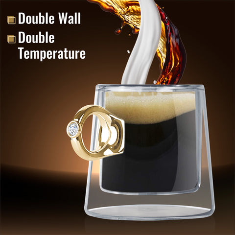 Image of Double Wall Tiffany Diamond Ring Mug with Gold Ring Handle 9 Ounces, Set of 2