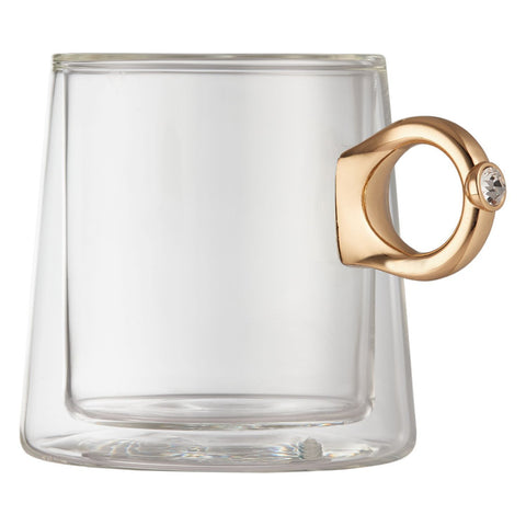 Image of Double Wall Tiffany Diamond Ring Mug with Gold Ring Handle 9 Ounces, Set of 2