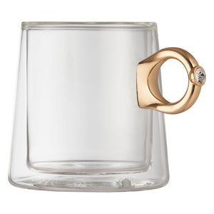 Double Wall Tiffany Diamond Ring Mug with Gold Ring Handle 9 Ounces, Set of 2