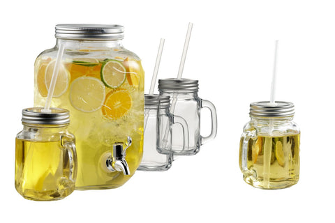 Image of Brilliant – Glass Mason Jar Drink Dispenser and Mason Jar Mugs with Lids and Straws, 5 Piece Mason Jar Drinking Set