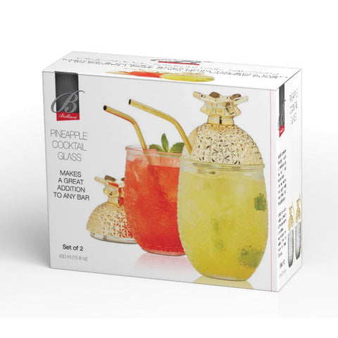 Image of Brilliant - Pineapple Cocktail Glass Cup with Straw and Removable Lid, 15oz. Set of 2