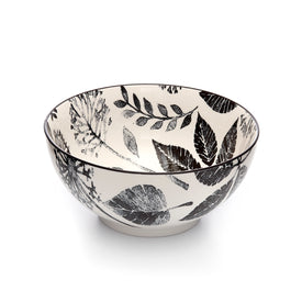 Kiku Leaves Black and White Porcelain Stamped Bowl, 8 Inches