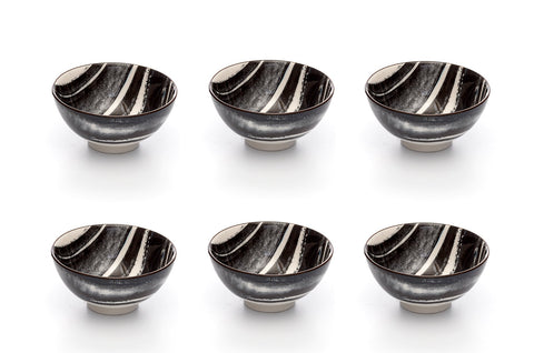 Image of Kiku Striped Black and White Porcelain Stamped Bowls, 4 Inches, Set of 6