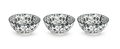 Image of Kiku Blossom Black and White Porcelain Stamped Bowls, 6 Inches, Set of 3