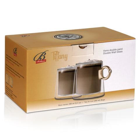 Image of Double Wall Tiffany Diamond Ring Mug with Gold Ring Handle 9 Ounces, Set of 2