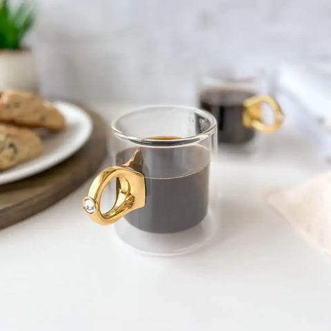 Image of Double Wall Tiffany Diamond Ring Mug with Gold Ring Handle 9 Ounces, Set of 2