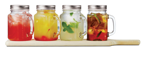 Image of Brilliant - Set of Four Mini Square Mason Jar Mugs with Handles and Tin Lids on a Serving Wood Paddle