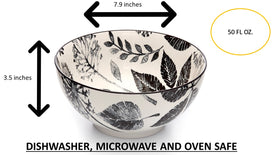 Kiku Leaves Black and White Porcelain Stamped Bowl, 8 Inches
