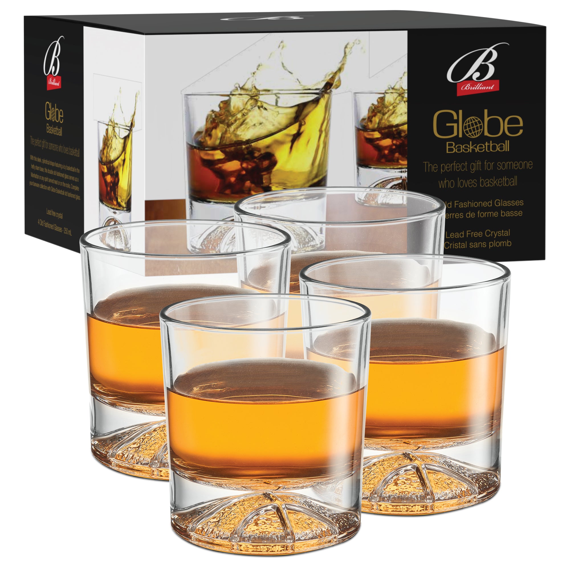 Globe on the Rocks Basketball Shaped Mountain Whiskey Glasses with a Heavy Base, Set of 4, 8.8 Ounces