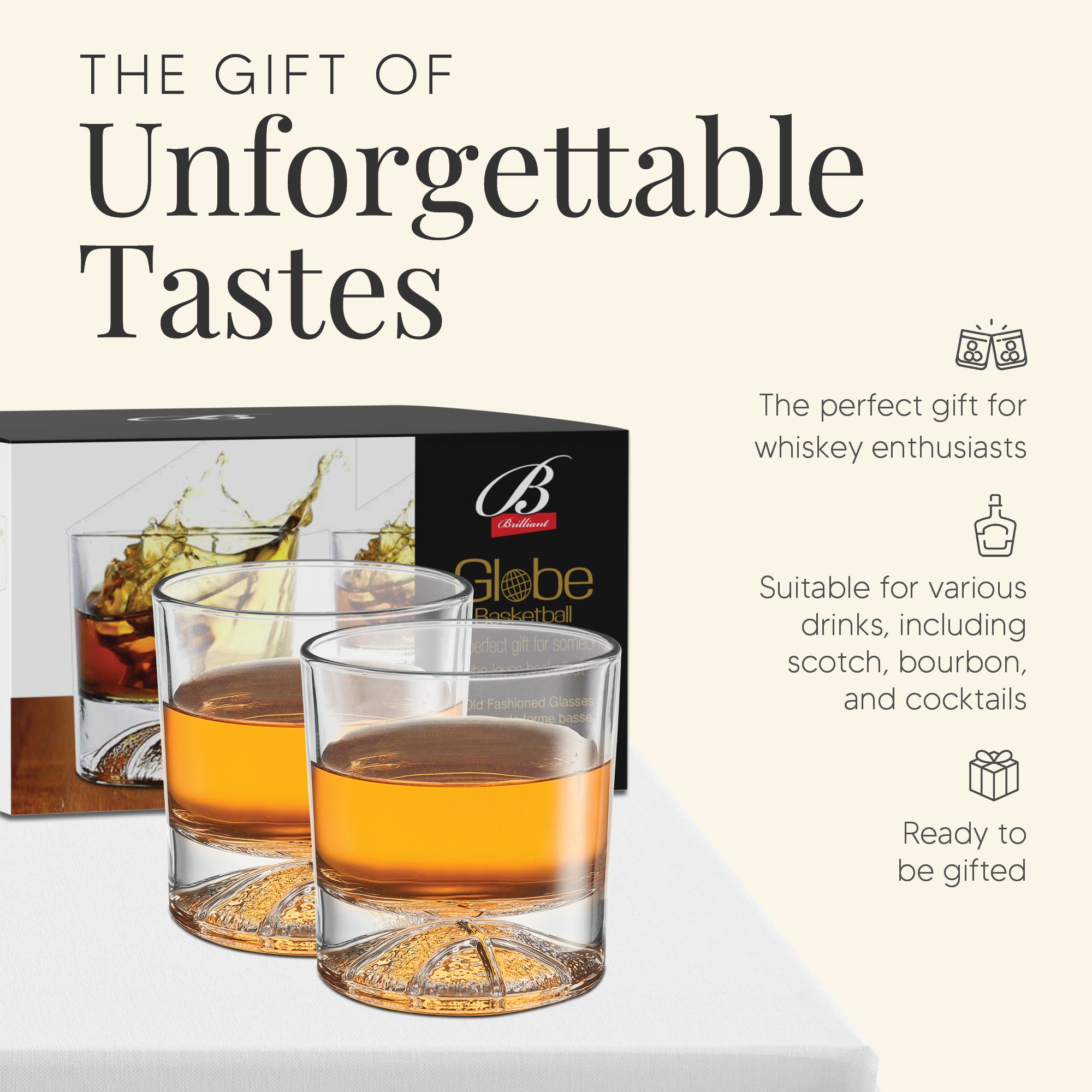 Globe on the Rocks Basketball Shaped Mountain Whiskey Glasses with a Heavy Base, Set of 4, 8.8 Ounces