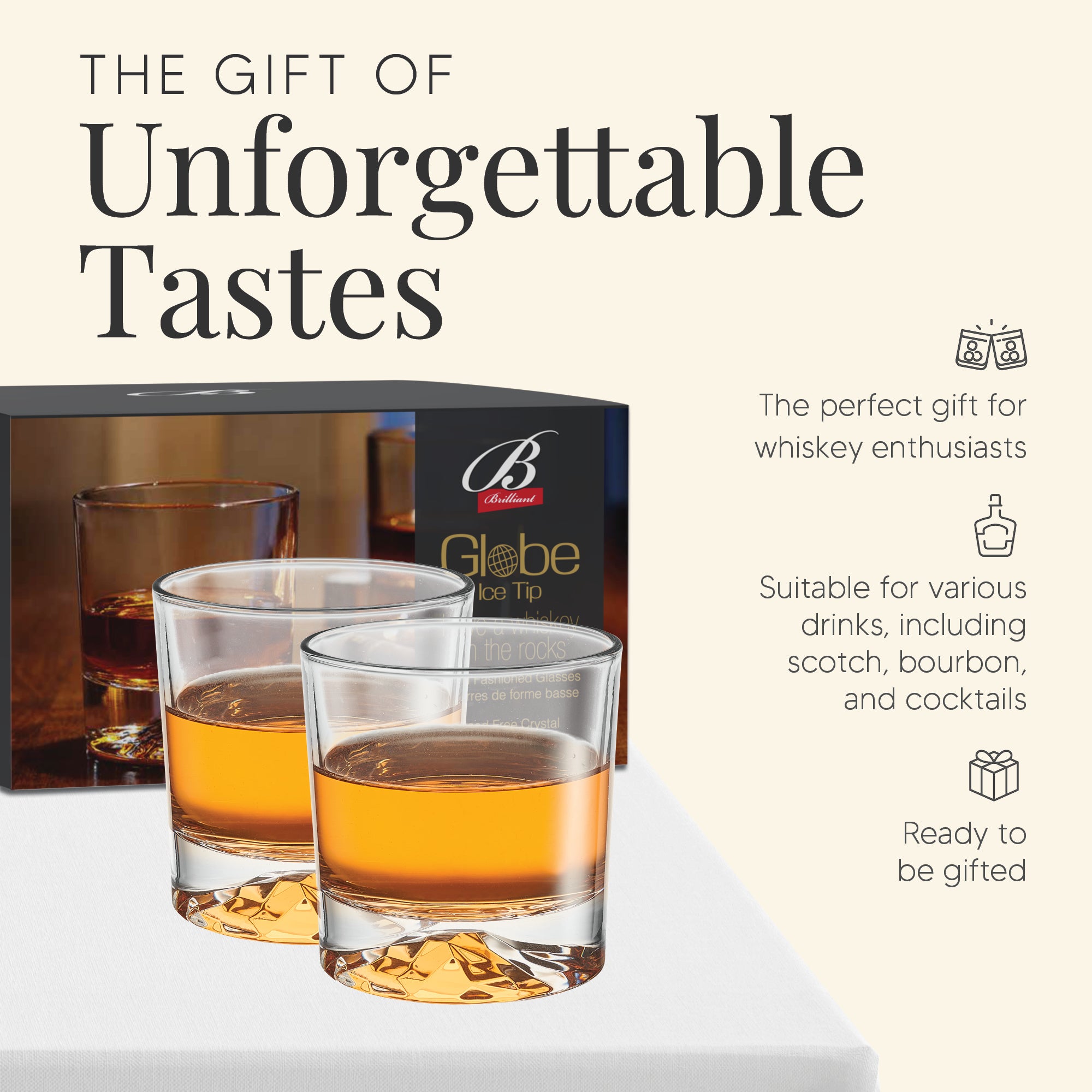 Globe On The Rocks Ice Tip Mountain Whiskey Glasses with a Heavy Base, Set of 4,8.8 Ounces