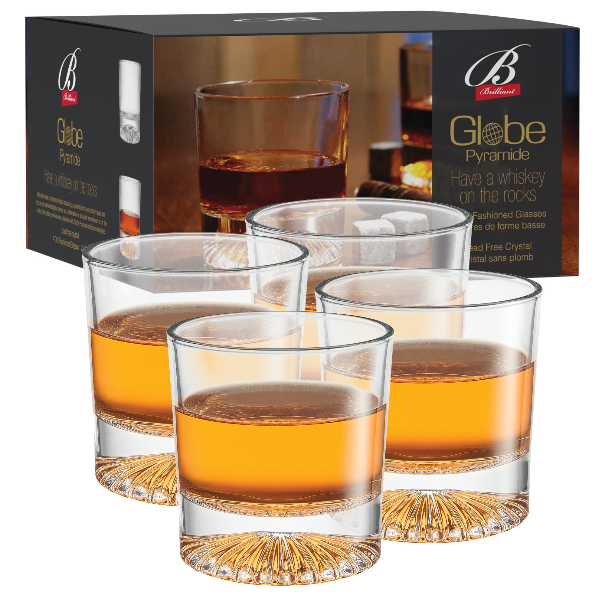 Globe On The Rocks Pyramide Mountain Whiskey Glasses with a Heavy Base, Set of 4, 8.8 Ounces