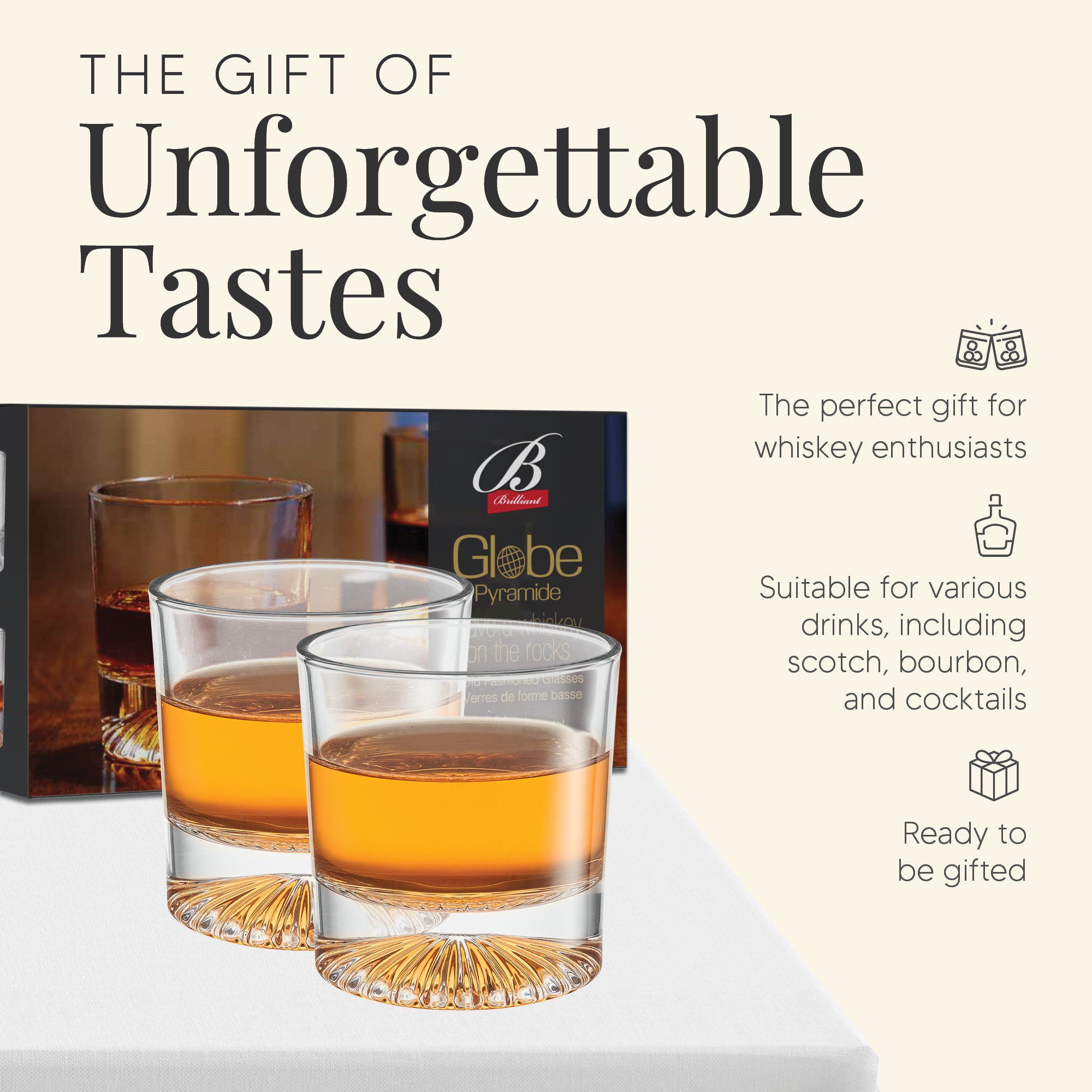 Globe On The Rocks Pyramide Mountain Whiskey Glasses with a Heavy Base, Set of 4, 8.8 Ounces