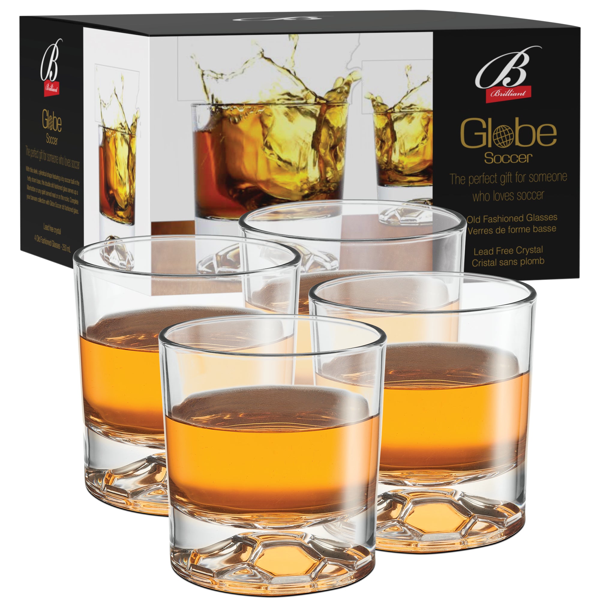 Globe on the Rocks Soccer Shaped Mountain Whiskey Glasses with a Heavy Base, Set of 4, 8.8 Ounces