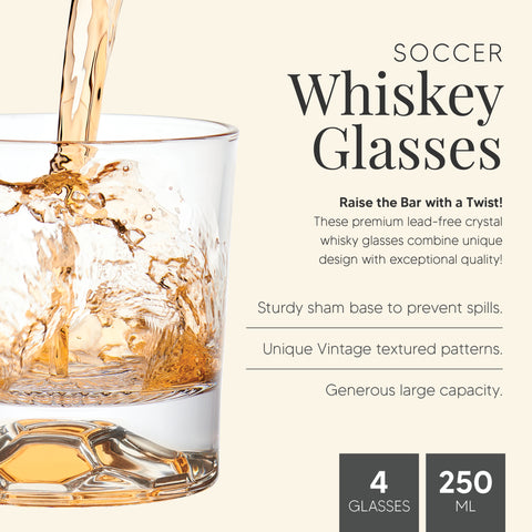 Globe on the Rocks Soccer Shaped Mountain Whiskey Glasses with a Heavy Base, Set of 4, 8.8 Ounces