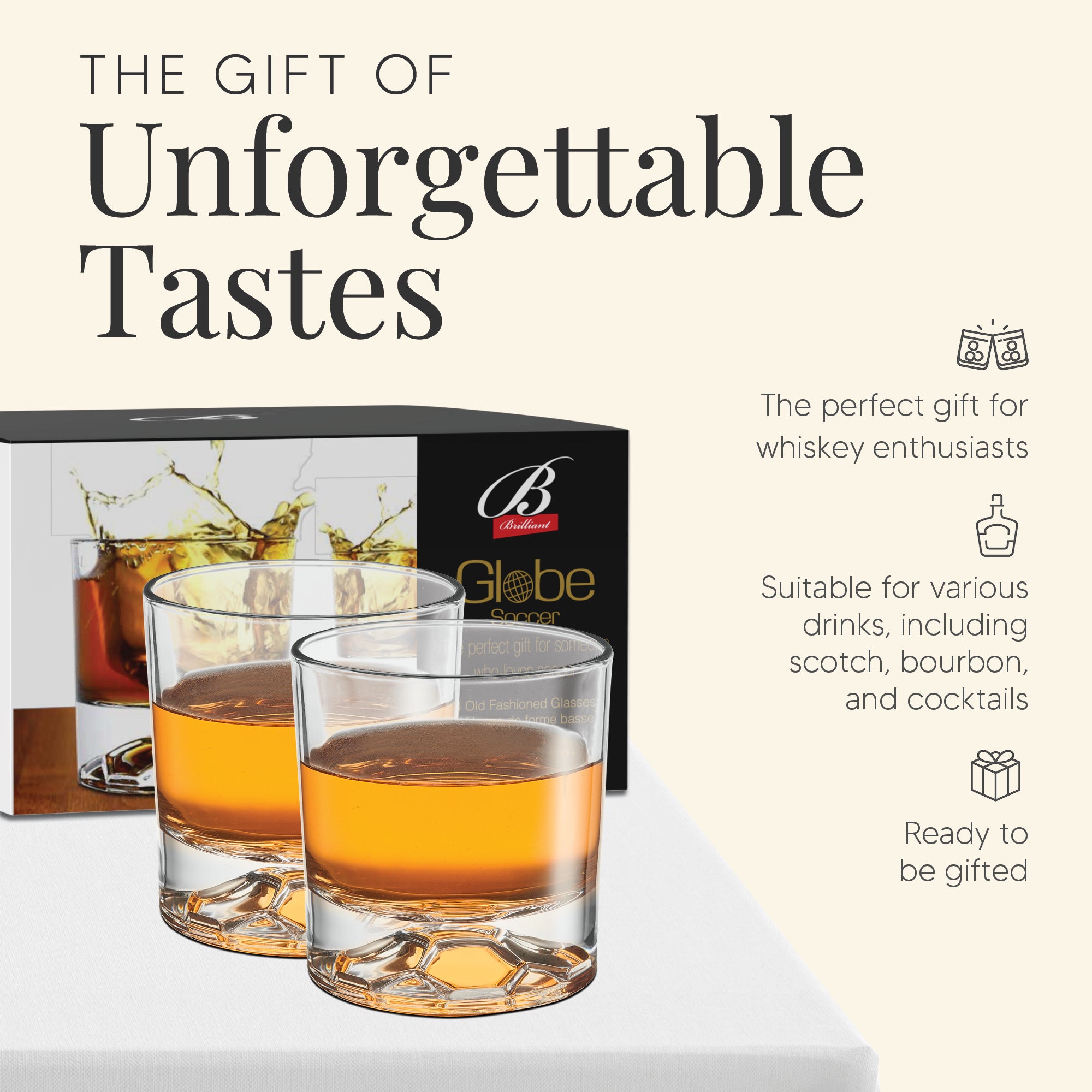 Globe on the Rocks Soccer Shaped Mountain Whiskey Glasses with a Heavy Base, Set of 4, 8.8 Ounces