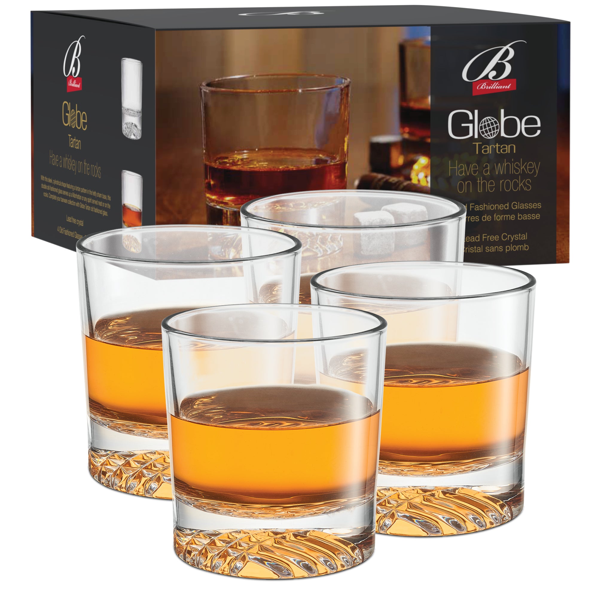 Globe On The Rocks Tartan Mountain Whiskey Glasses with a Heavy Base, Set of 4, 8.8 Ounces