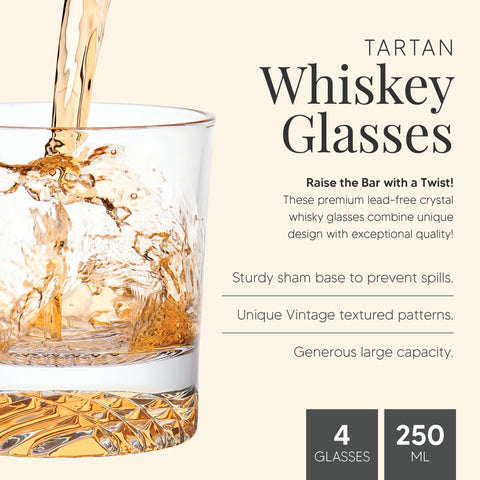 Image of Globe On The Rocks Tartan Mountain Whiskey Glasses with a Heavy Base, Set of 4, 8.8 Ounces