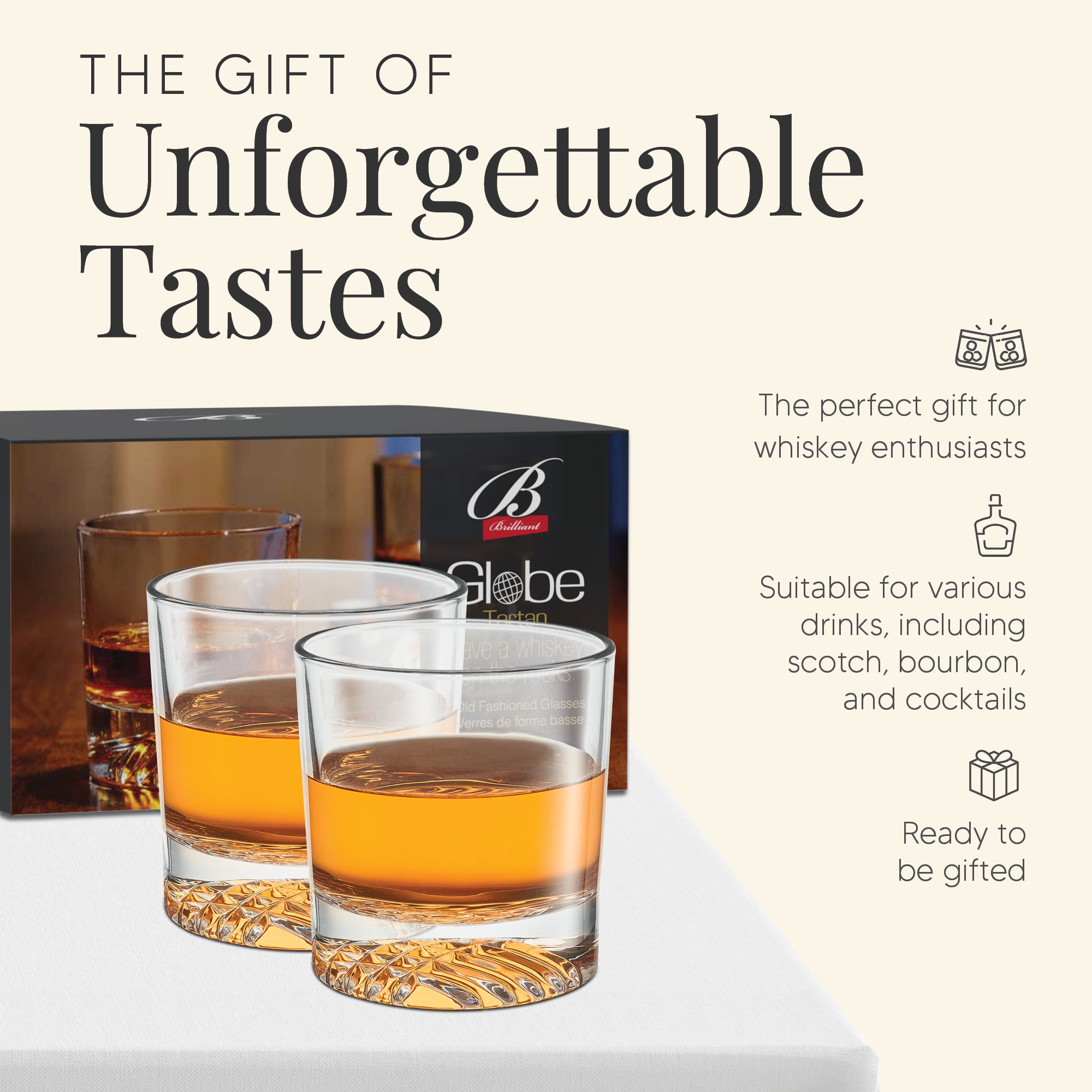 Globe On The Rocks Tartan Mountain Whiskey Glasses with a Heavy Base, Set of 4, 8.8 Ounces