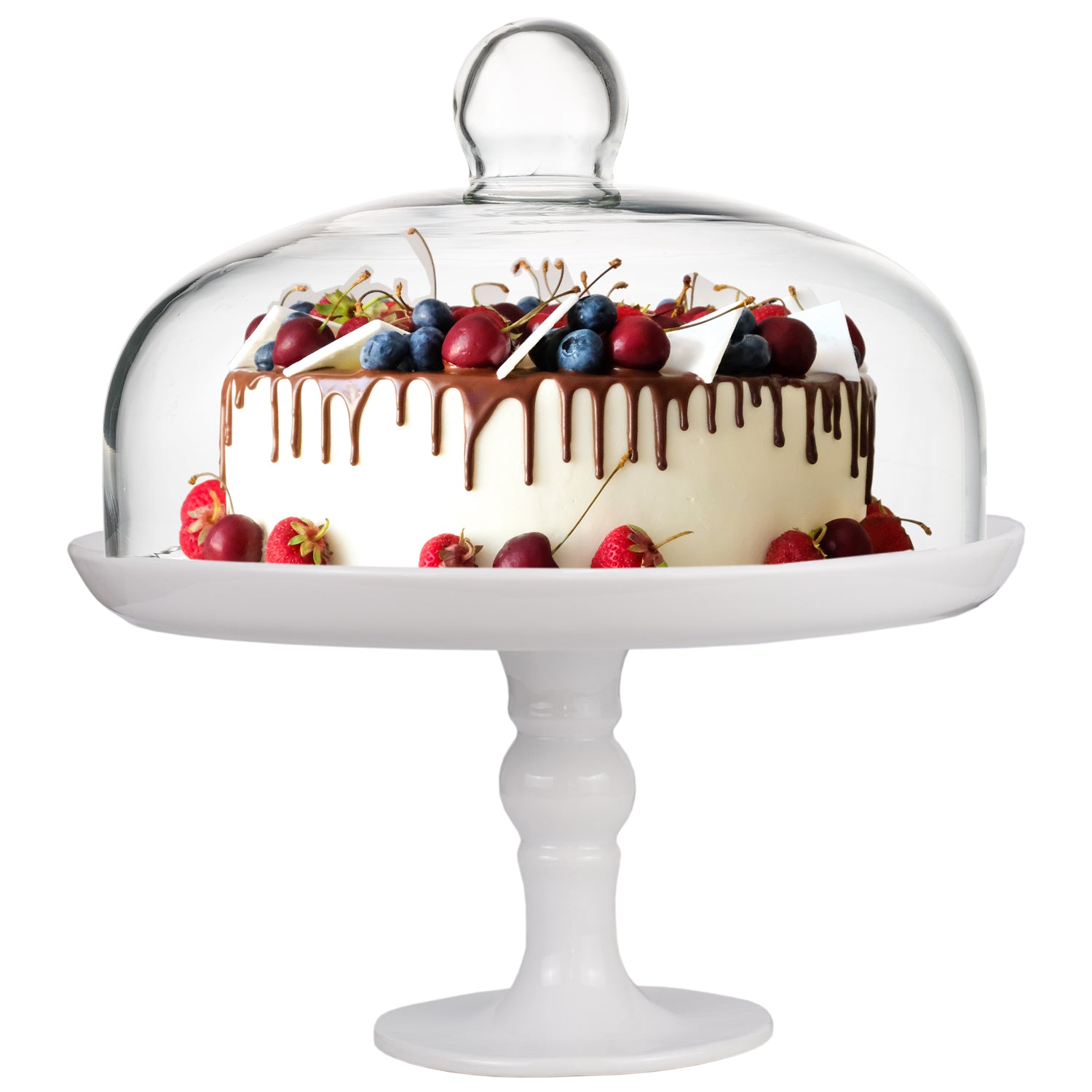 White Cake Stand and Clear Dome 9.8 Inches