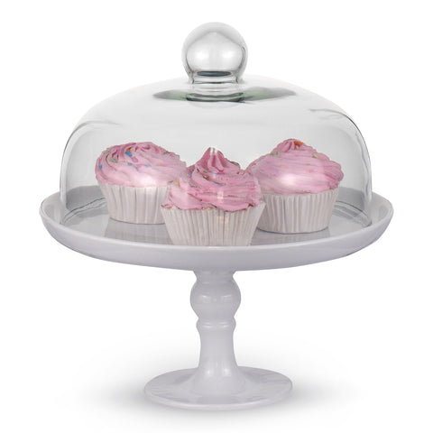 Image of White Cake Stand and Clear Dome 9.8 Inches
