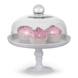 White Cake Stand and Clear Dome 9.8 Inches