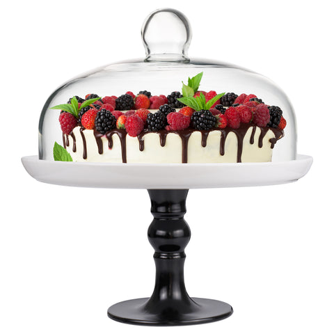 White Cake Plate, Black Footed Cake Stand with a Clear Dome, 9.8 Inches