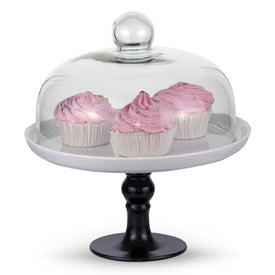 White Cake Plate, Black Footed Cake Stand with a Clear Dome, 9.8 Inches