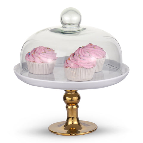 Image of White Cake Plate, Gold Footed Cake Stand with a Clear Dome, 9.8 Inches