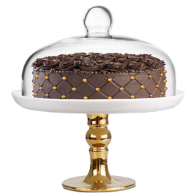 White Cake Plate, Gold Footed Cake Stand with a Clear Dome, 9.8 Inches