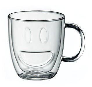 Double Wall Smiley Face Mugs Clear, Set of 2, 11.5 Ounces