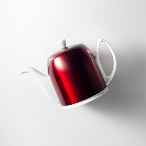 Image of Guy Degrenne Salam Pomme D'Amour 6 Cup Teapot with a Red Cover and White Body, 36 Ounces