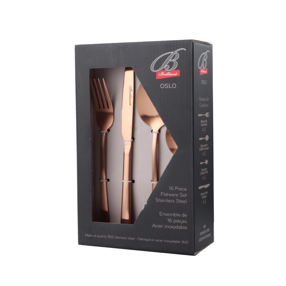 Oslo Stainless Steel Copper Flatware Cutlery Set for 4, 16 Pieces