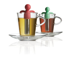 Brilliant - Tandem Tea Set for Two - 2 Glass Cups and Saucers and 2 Tea Infusers with Silicone Molded Smiley Tops