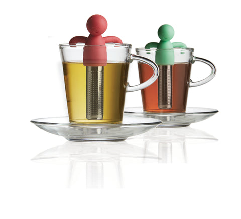 Image of Brilliant - Tandem Tea Set for Two - 2 Glass Cups and Saucers and 2 Tea Infusers with Silicone Molded Smiley Tops