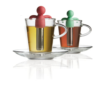 Brilliant - Tandem Tea Set for Two - 2 Glass Cups and Saucers and 2 Tea Infusers with Silicone Molded Smiley Tops
