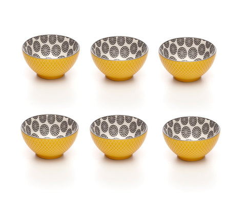 Image of Embossed Yellow Colored Porcelain Stamped Bowls, 3 Inches, Set of 6