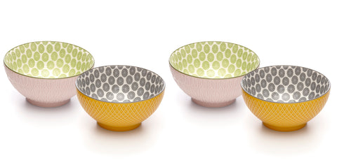 Image of Embossed Assorted Colors Porcelain Stamped Bowls, 6 Inches, Set of 4