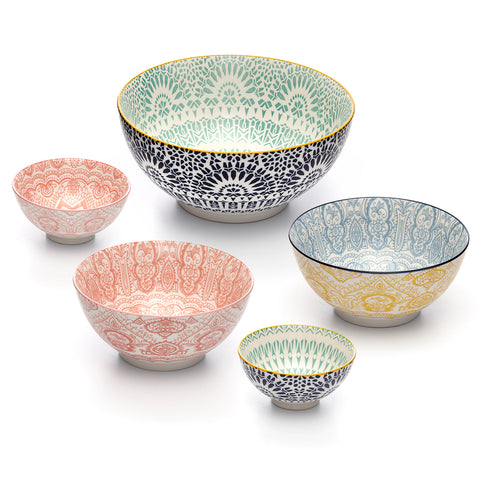 Image of Paisley Assorted Colors and Sizes Porcelain Stamped Bowls, 5 Piece Bowls Set