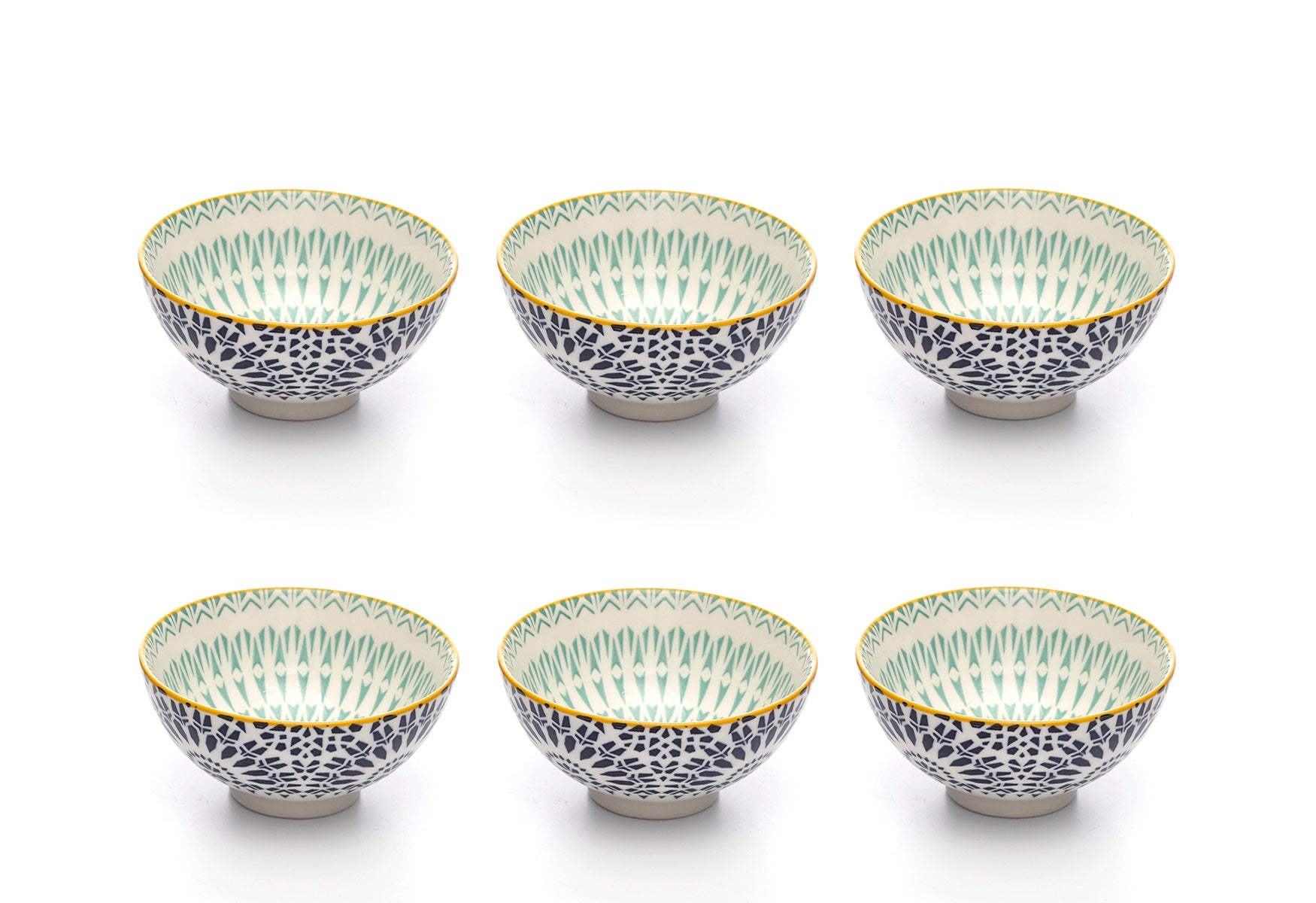 Paisley Bleu Colored Porcelain Stamped Bowls, 4 Inches, Set of 6