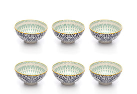 Paisley Bleu Colored Porcelain Stamped Bowls, 4 Inches, Set of 6