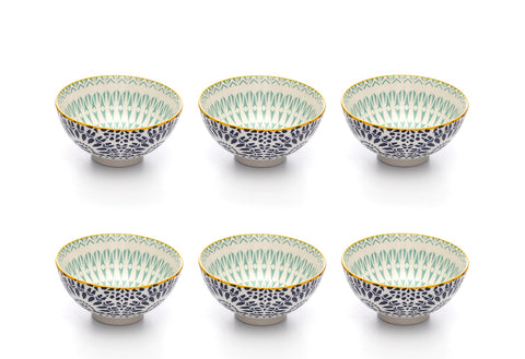 Image of Paisley Bleu Colored Porcelain Stamped Bowls, 4 Inches, Set of 6