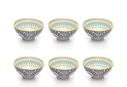 Paisley Bleu Colored Porcelain Stamped Bowls, 4 Inches, Set of 6