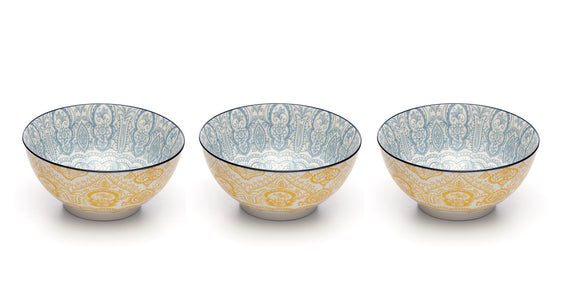 Paisley Soleil Colored Porcelain Stamped Bowls, 6 Inches, Set of 3