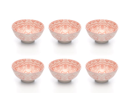 Paisley Fraise Colored Porcelain Stamped Bowls, 4 Inches, Set of 6
