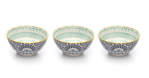 Image of Paisley Bleu Colored Porcelain Stamped Bowls, 6 Inches, Set of 3